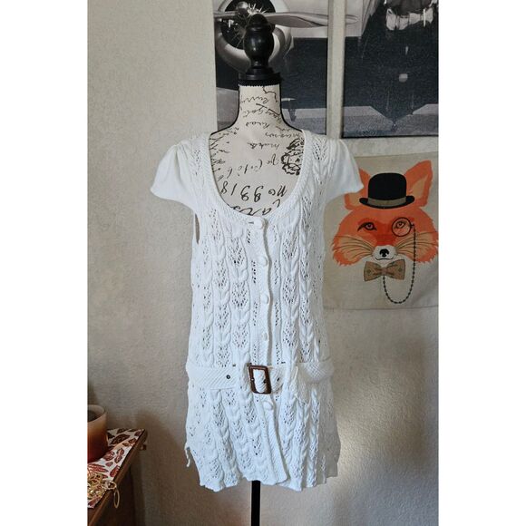 Heather B Crochet Belted Button Up Cardigan White Women's L - Picture 1 of 6